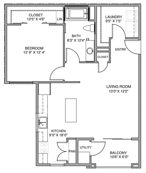 A floor plan of a small apartment with a living room, kitchen, bathroom, and bedroom.